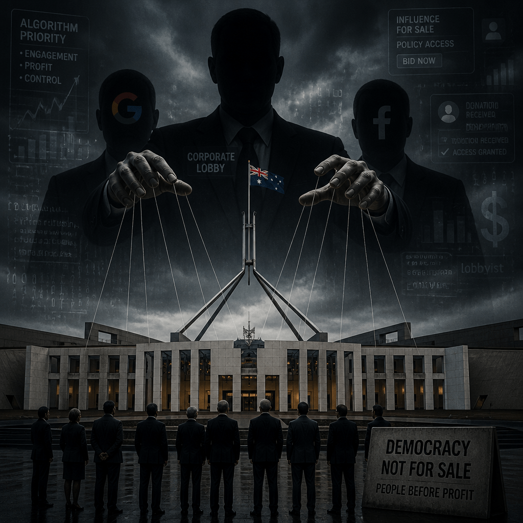 Dark allegory with corporate figures controlling Parliament, Australian flag, and sign reading “DEMOCRACY NOT FOR SALE.”