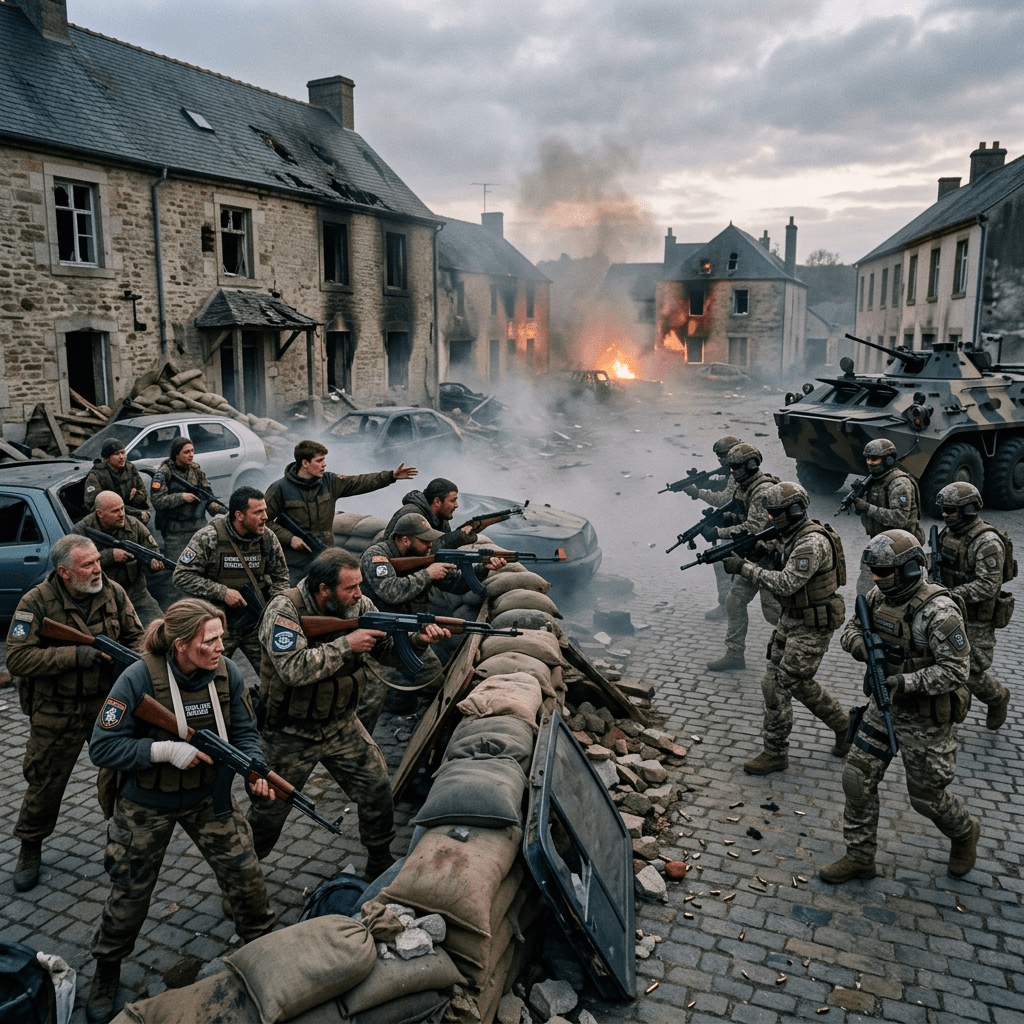Armed civilians and soldiers defend a burning village street