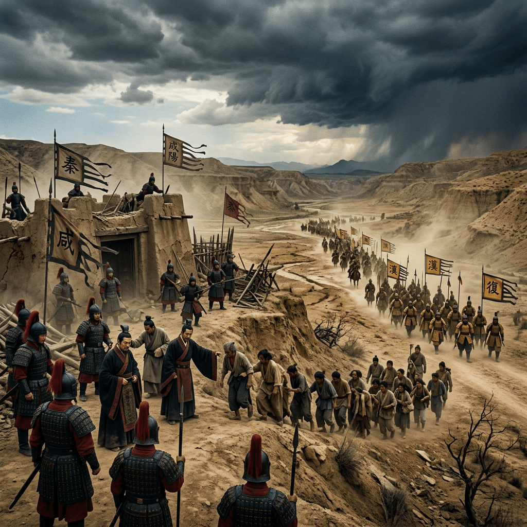 Ancient Chinese soldiers escort civilians through a dusty valley beneath storm clouds