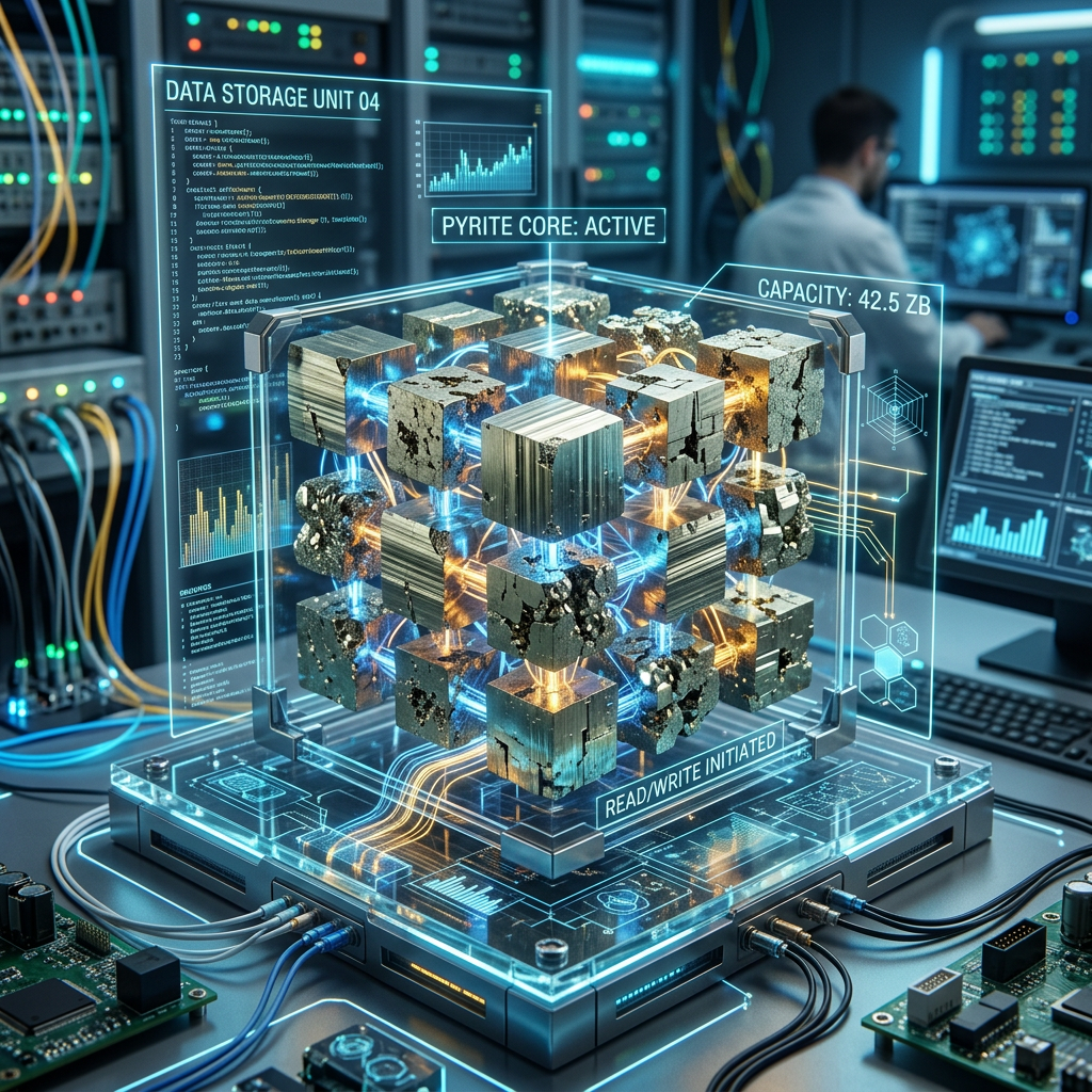 Holographic data storage core labeled “PYRITE CORE: ACTIVE” and “CAPACITY: 42.5 ZB”