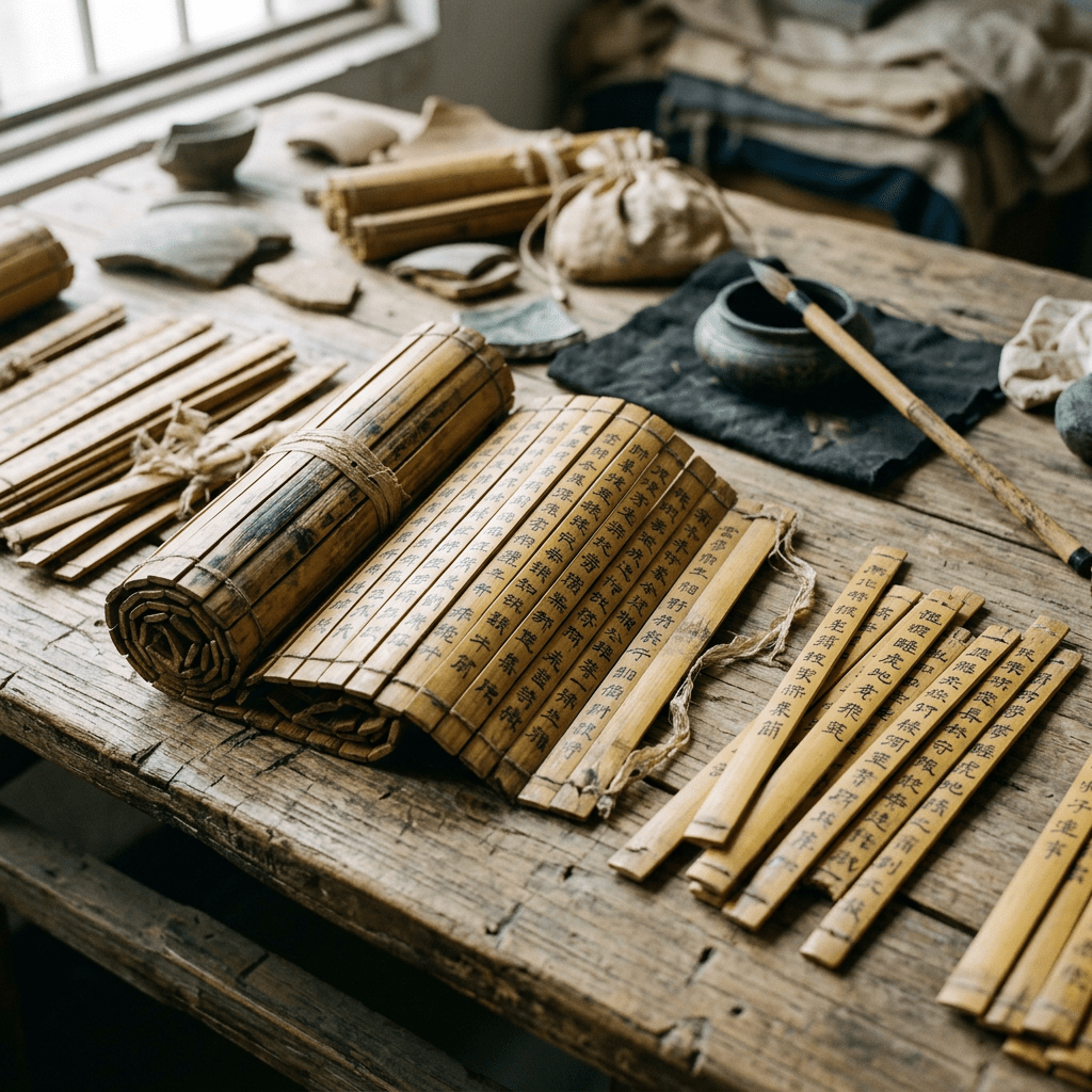 Bamboo manuscripts with Chinese characters, brushes, ink, and tools on a wooden table