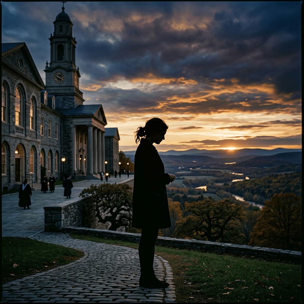 Silhouetted person beside historic stone building overlooking valley at sunset