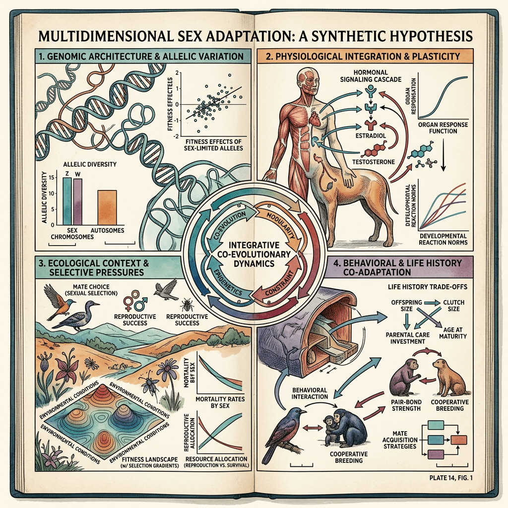 Diagram titled Multidimensional Sex Adaptation: A Synthetic Hypothesis with four evolutionary domains.