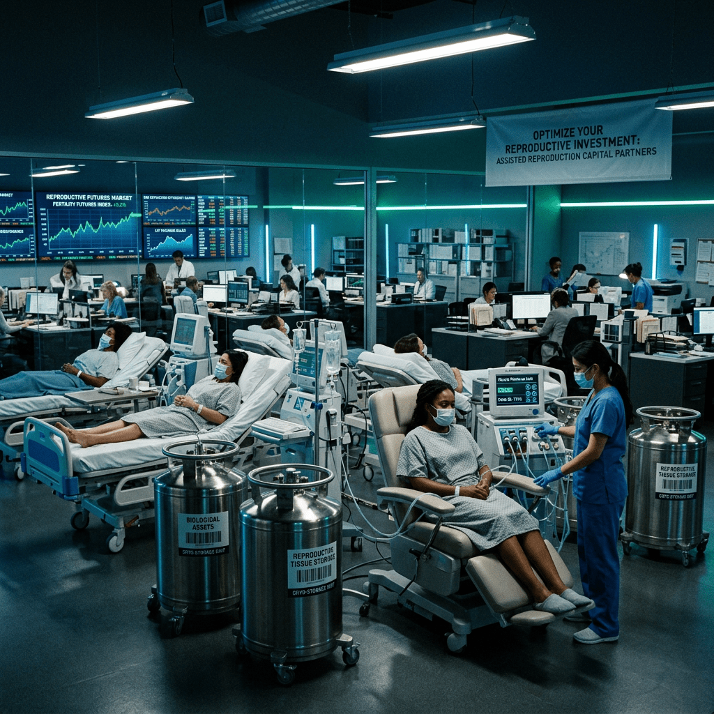 Fertility clinic with patients, medical staff, market screens, and tissue storage tanks
