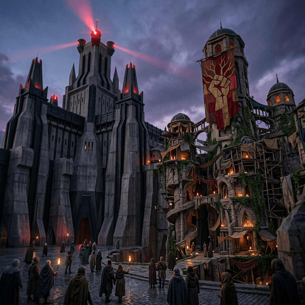 Torch-bearing figures gather before a dark fortress and banner-covered medieval buildings