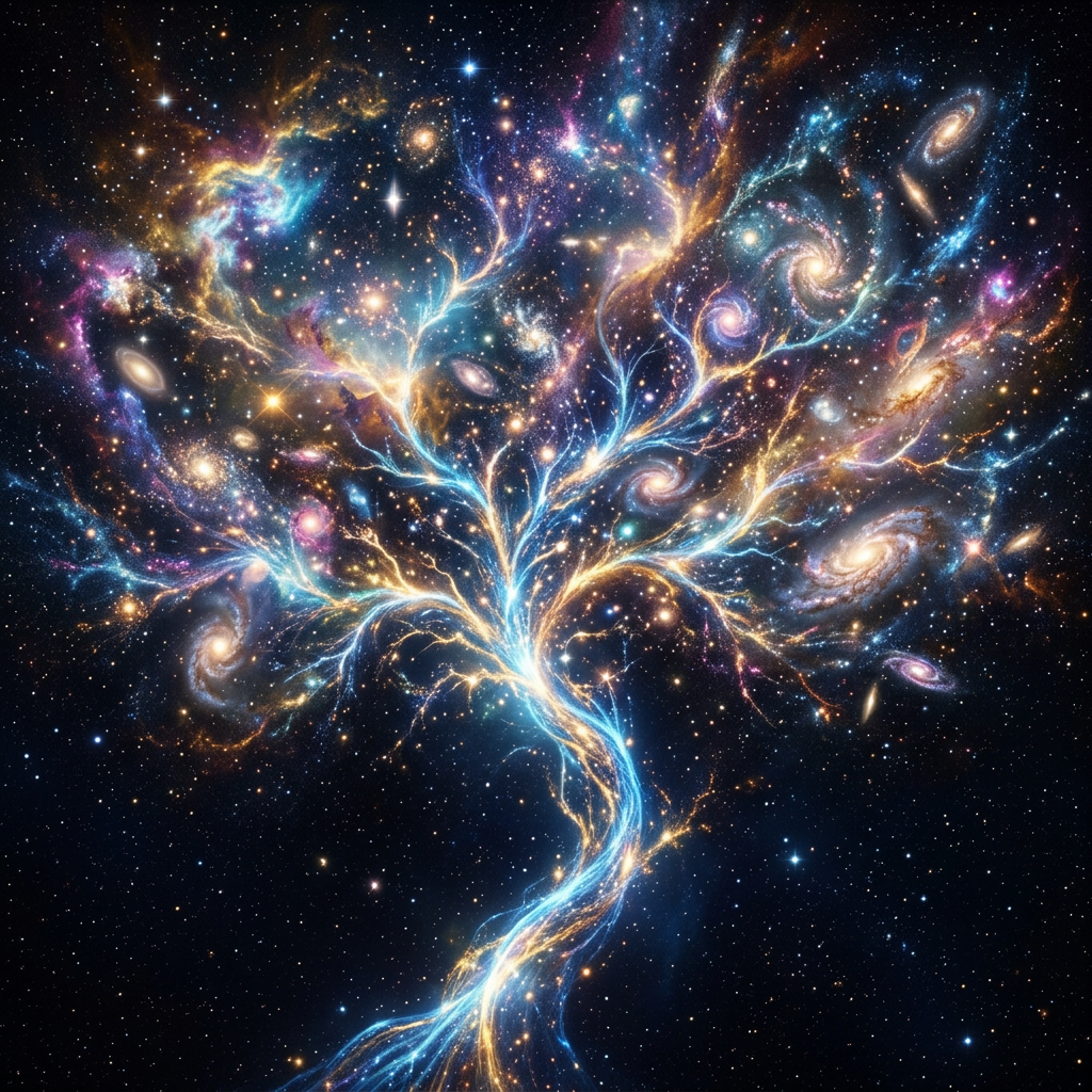 Luminous cosmic tree branching among colorful spiral galaxies and stars