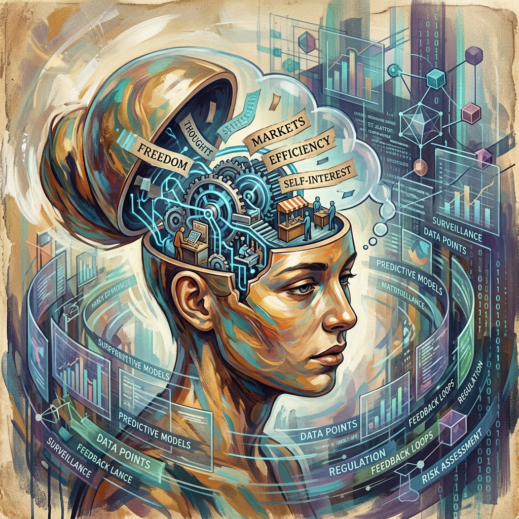 Illustrated woman surrounded by gears, markets, data points, surveillance, and predictive models