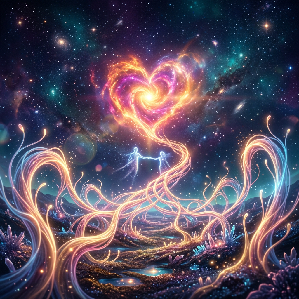 Two glowing figures beneath a heart-shaped nebula in a star-filled landscape