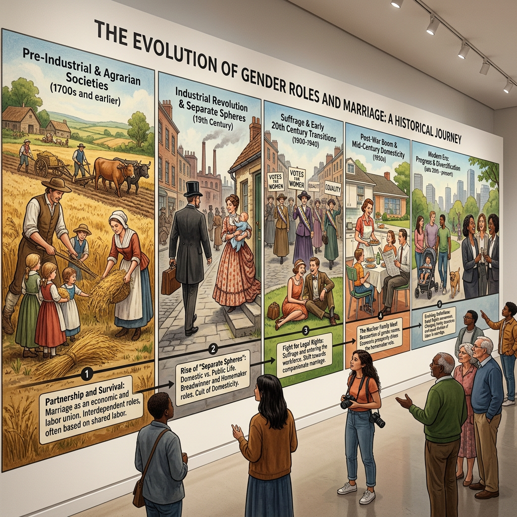 Illustrated museum timeline, “The Evolution of Gender Roles and Marriage”