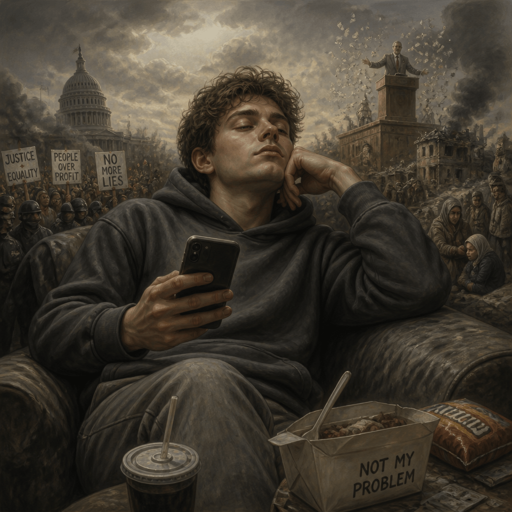 Young person holding phone amid protests; signs read Justice Equality, People Over Profit, No More Lies, and Not My Problem.