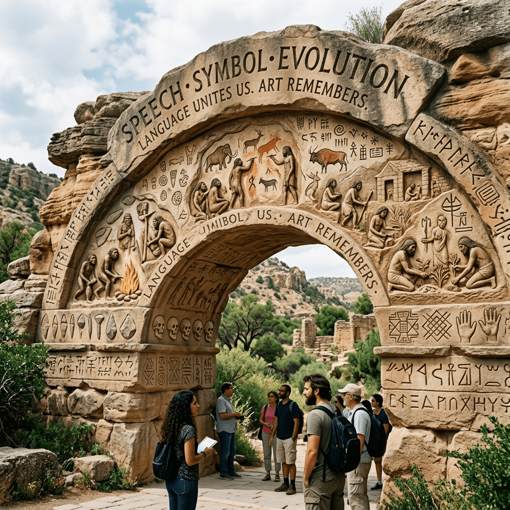 Stone arch reads “SPEECH · SYMBOL · EVOLUTION; LANGUAGE UNITES US. ART REMEMBERS.”