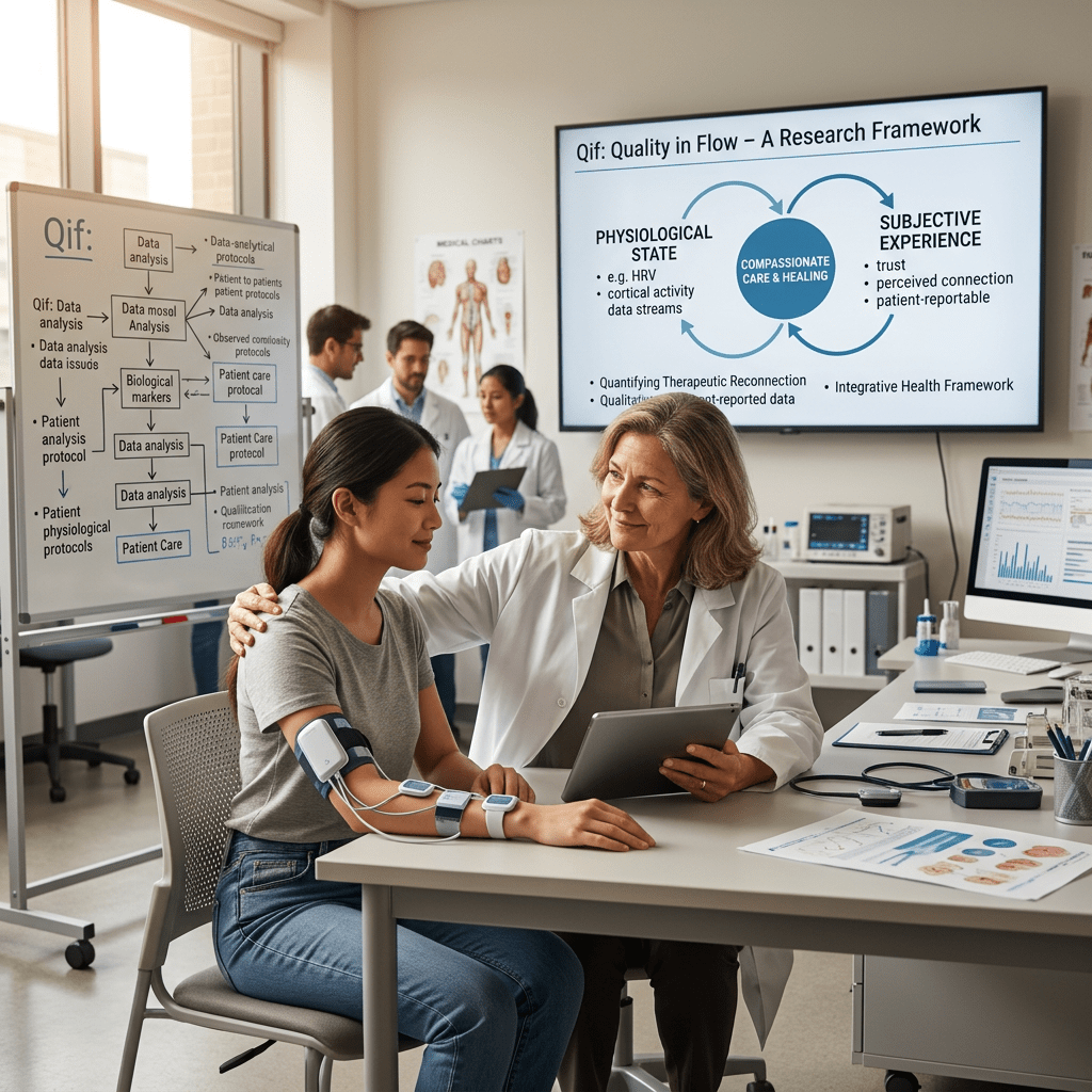 Clinician with patient beside boards labeled Qif and Quality in Flow – A Research Framework