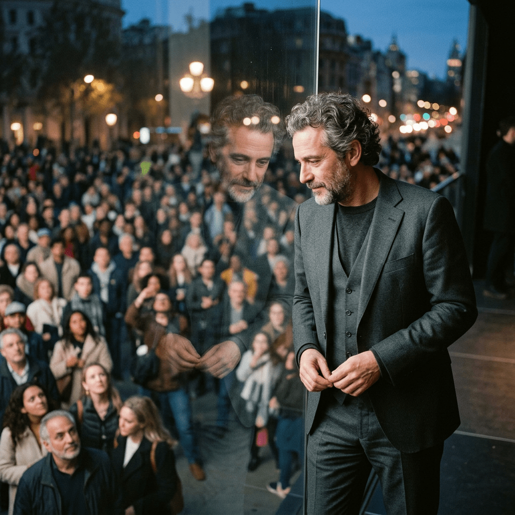 Man in dark suit standing beside window with crowd outside