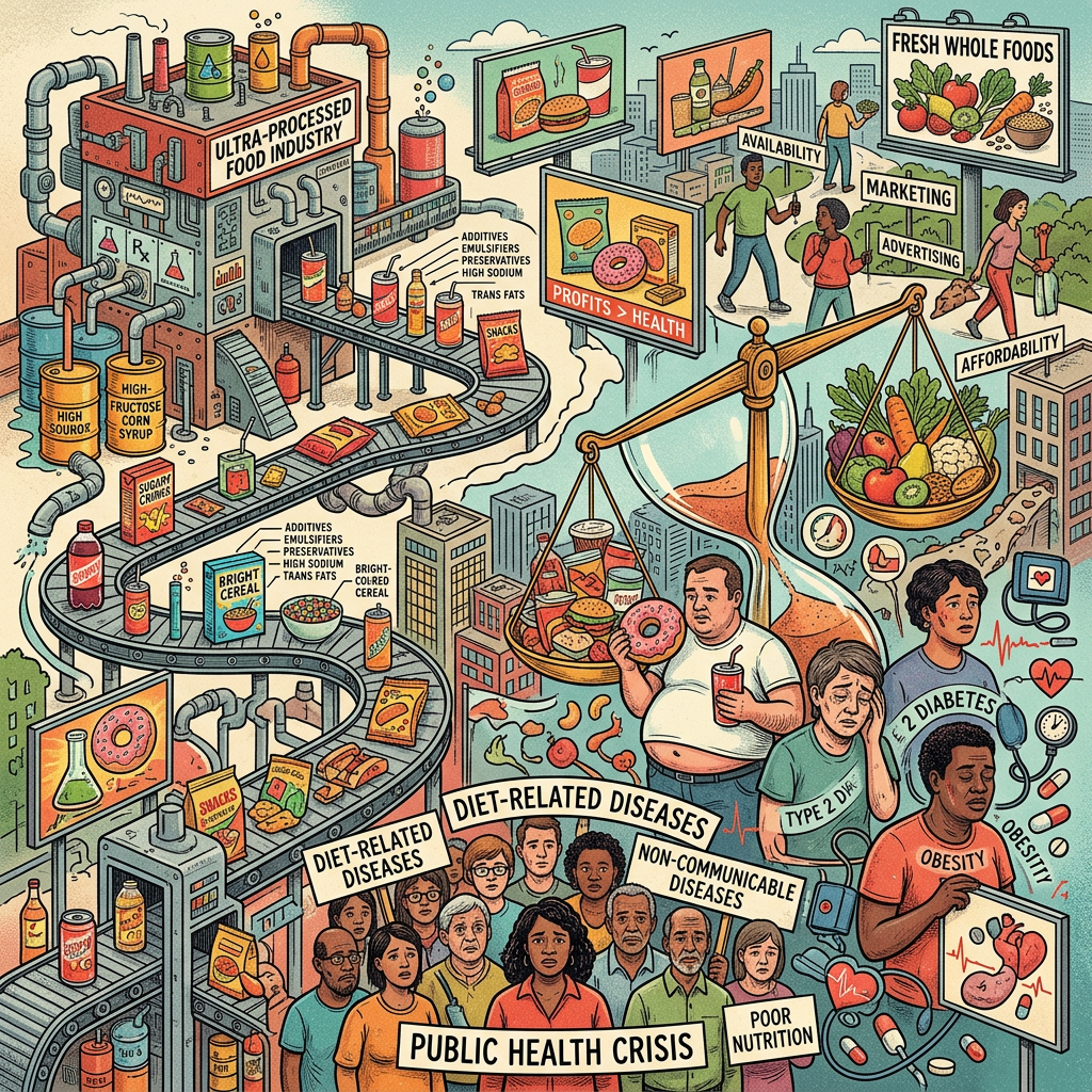 Infographic linking ultra-processed foods, marketing, affordability, and diet-related diseases