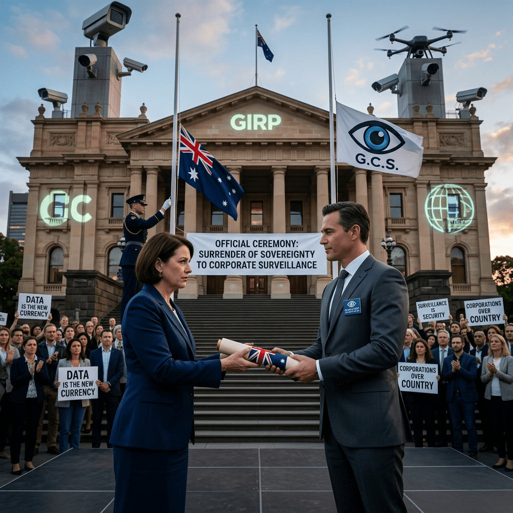 Ceremony sign reads “OFFICIAL CEREMONY: SURRENDER OF SOVEREIGNTY TO CORPORATE SURVEILLANCE,” with G.I.R.P., G.C.S., and protest signs.