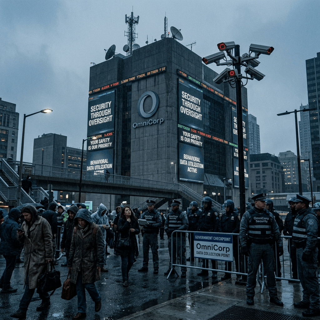 Crowd and security officers at an OmniCorp data collection checkpoint