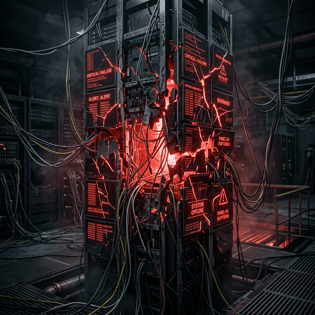 Server rack displaying CRITICAL FAILURE, RED ALERT, WARNING, SYSTEM OFFLINE, and RUPTURED panel alerts
