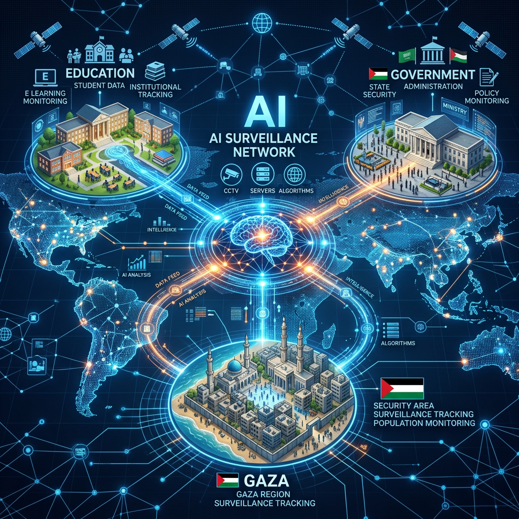 AI surveillance network connecting education, government, and Gaza through global data systems