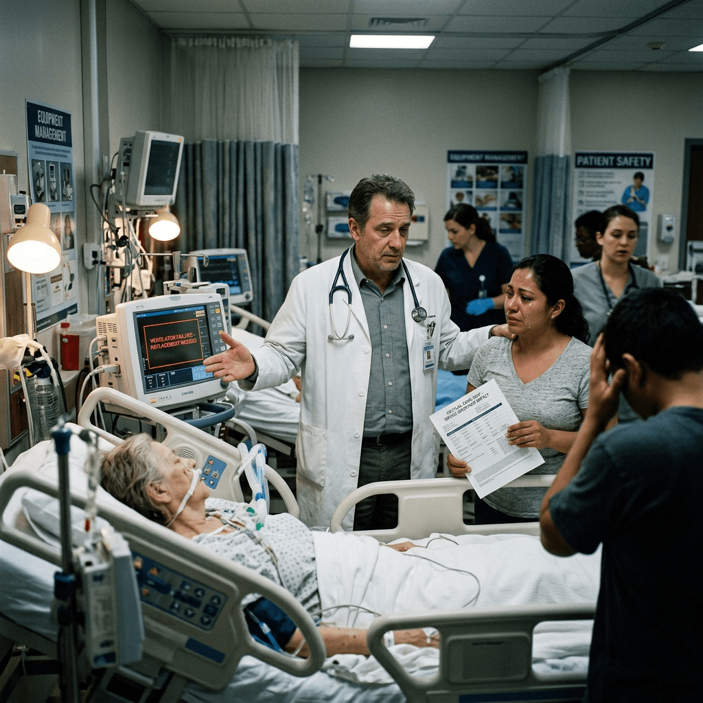 Doctor speaking with family beside a hospitalized patient and medical monitors