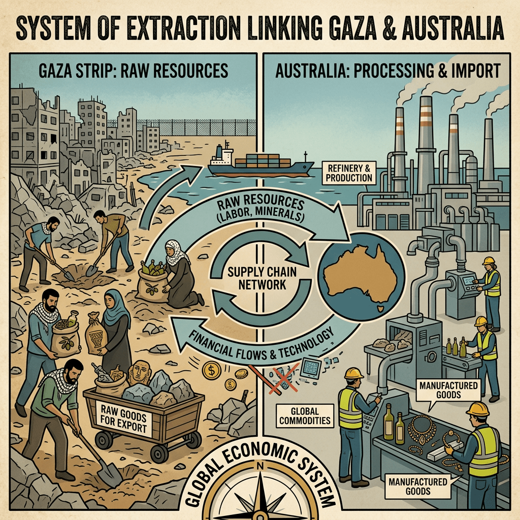 SYSTEM OF EXTRACTION LINKING GAZA & AUSTRALIA; GAZA STRIP: RAW RESOURCES; AUSTRALIA: PROCESSING & IMPORT; RAW RESOURCES (LABOR, MINERALS); SUPPLY CHAIN NETWORK; REFINERY & PRODUCTION; RAW GOODS FOR EXPORT; FINANCIAL FLOWS & TECHNOLOGY; GLOBAL COMMODITIES; MANUFACTURED GOODS; GLOBAL ECONOMIC SYSTEM