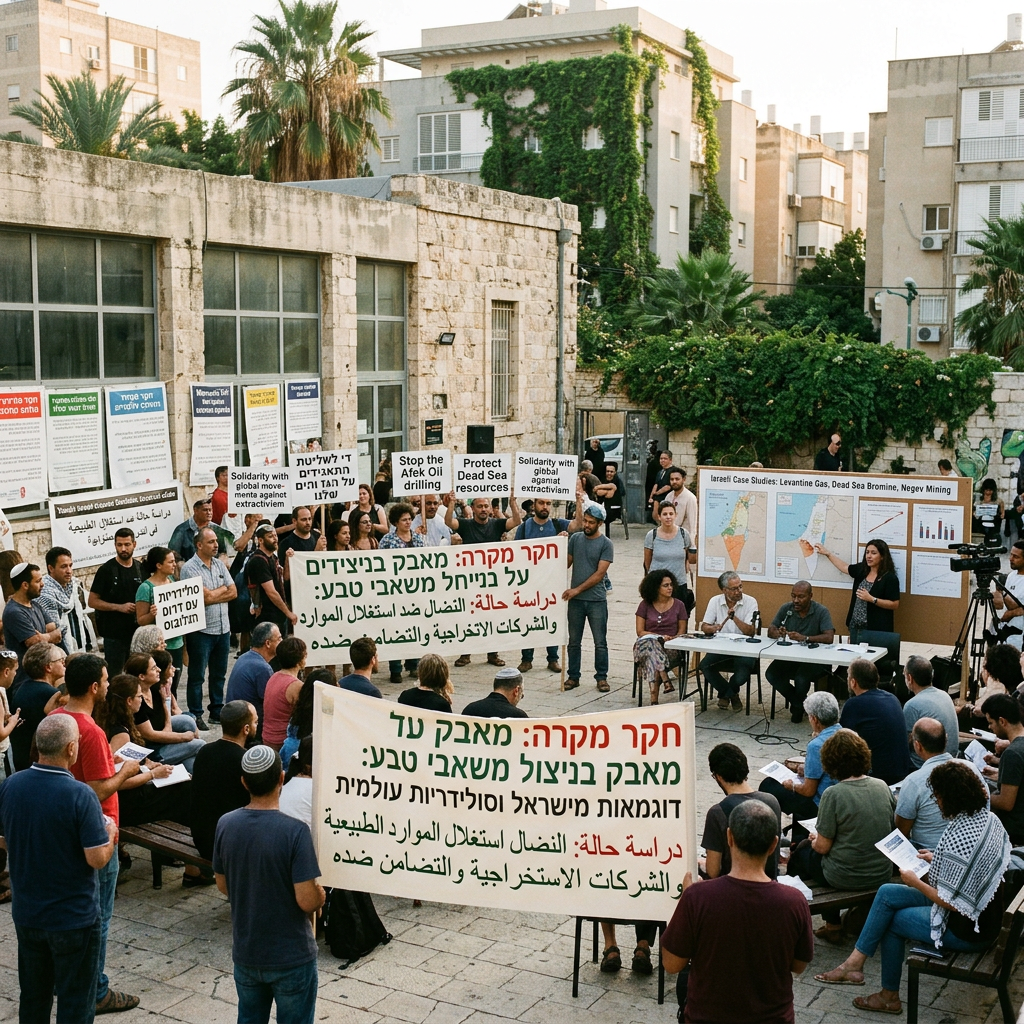 Crowd holding Hebrew, Arabic, and English signs at a public forum