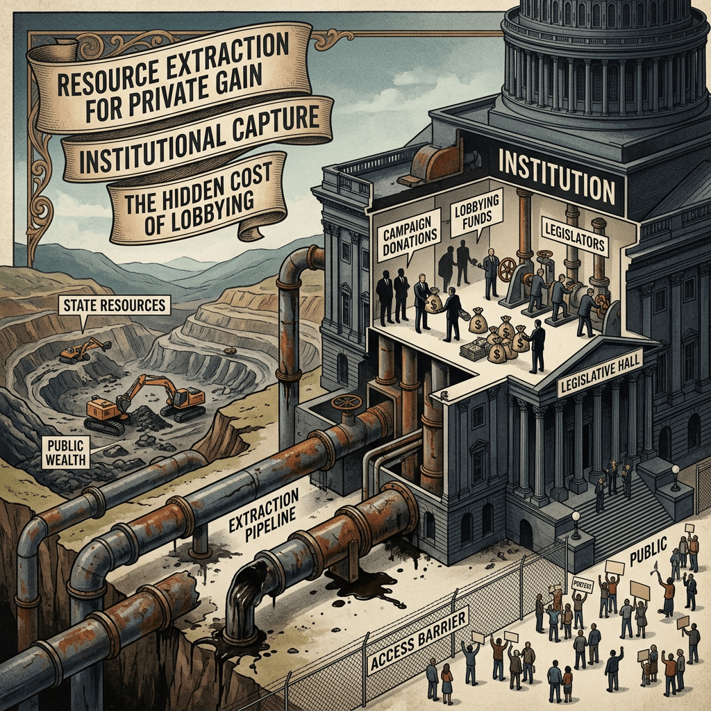 Illustration labeled resource extraction for private gain, showing lobbying diverting public resources through an institution.
