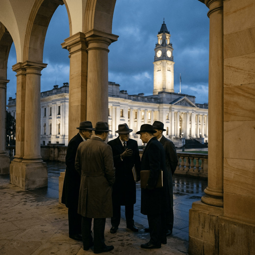Five men in coats confer beneath arches beside an illuminated clock tower
