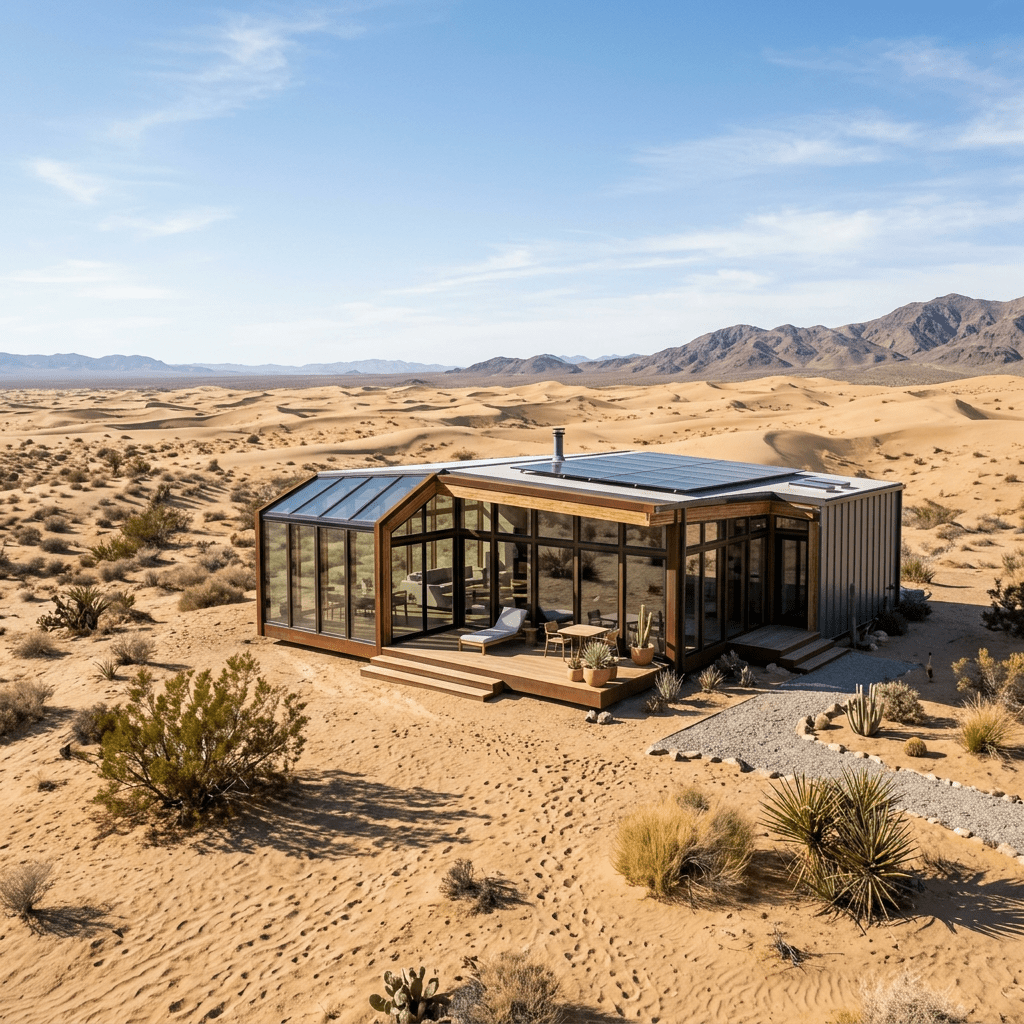 Modern glass-walled house with solar roof in a desert landscape