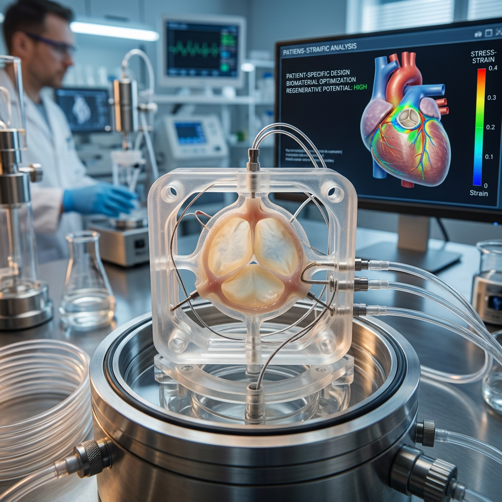 Artificial heart valve in laboratory perfusion device beside monitor showing patient-specific design and stress-strain analysis