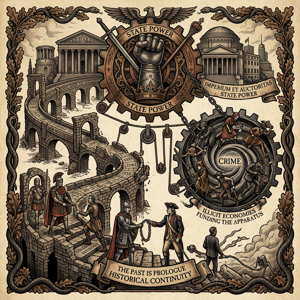 Allegorical illustration labeled “STATE POWER,” “IMPERIUM ET AUCTORITAS,” “CRIME,” “ILLICIT ECONOMIES FUNDING THE APPARATUS,” and “THE PAST IS PROLOGUE HISTORICAL CONTINUITY,” featuring government buildings, a raised fist, gears, workers, and chains.