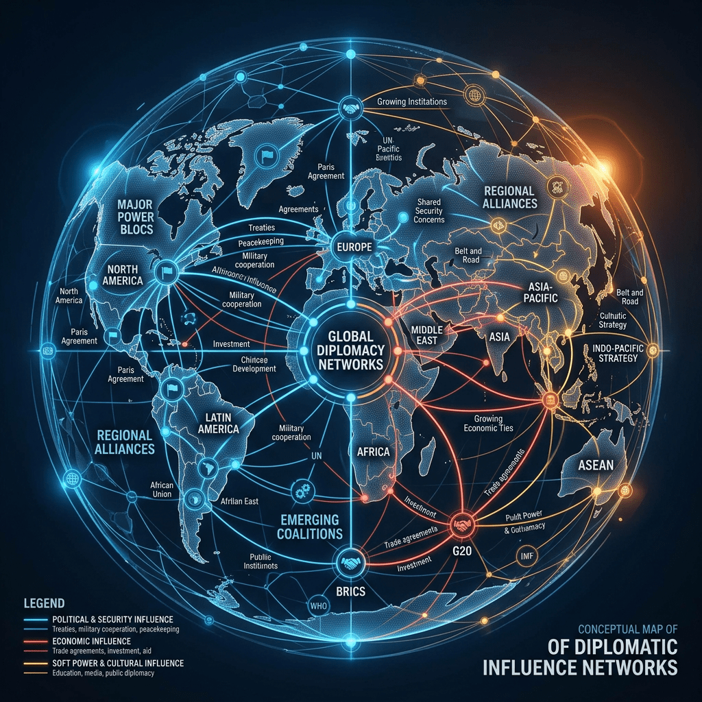 Conceptual map of global diplomacy networks, alliances, treaties, and influence