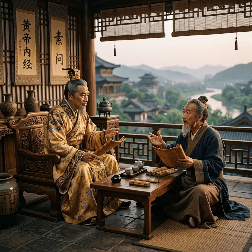Two Chinese scholars discussing scrolls beside tea overlooking a mountain village