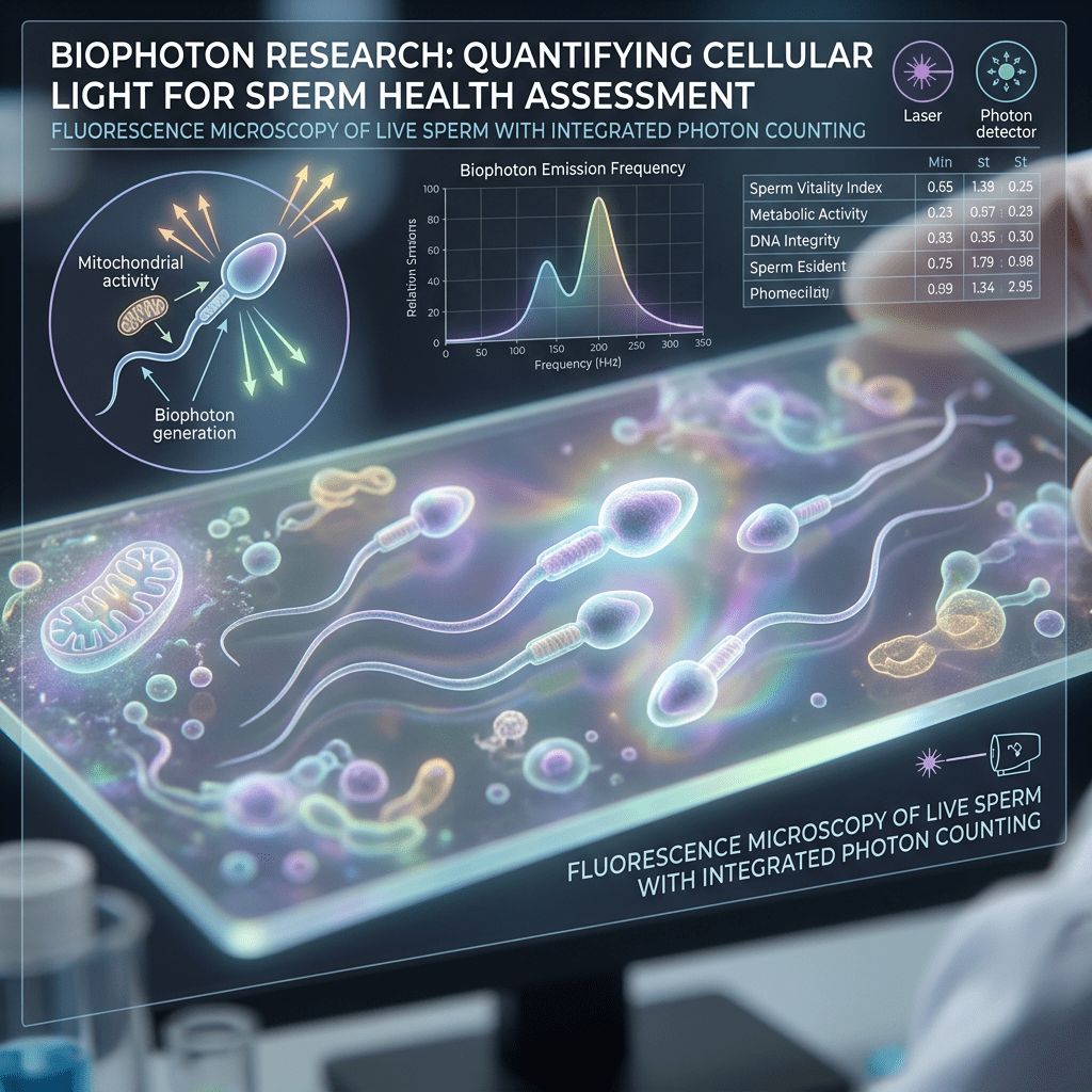 Biophoton research infographic showing sperm microscopy, emission graph, and vitality metrics