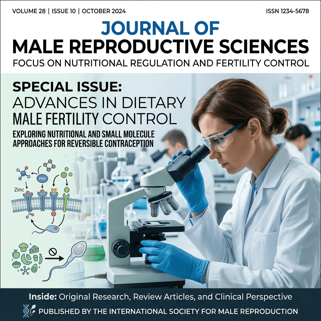 Journal of Male Reproductive Sciences, Volume 28 Issue 10 October 2024; special issue on advances in dietary male fertility control, exploring nutritional and small molecule approaches for reversible contraception; Inside: Original Research, Review Articles, and Clinical Perspective; Published by the International Society for Male Reproduction; ISSN 1234-5678.