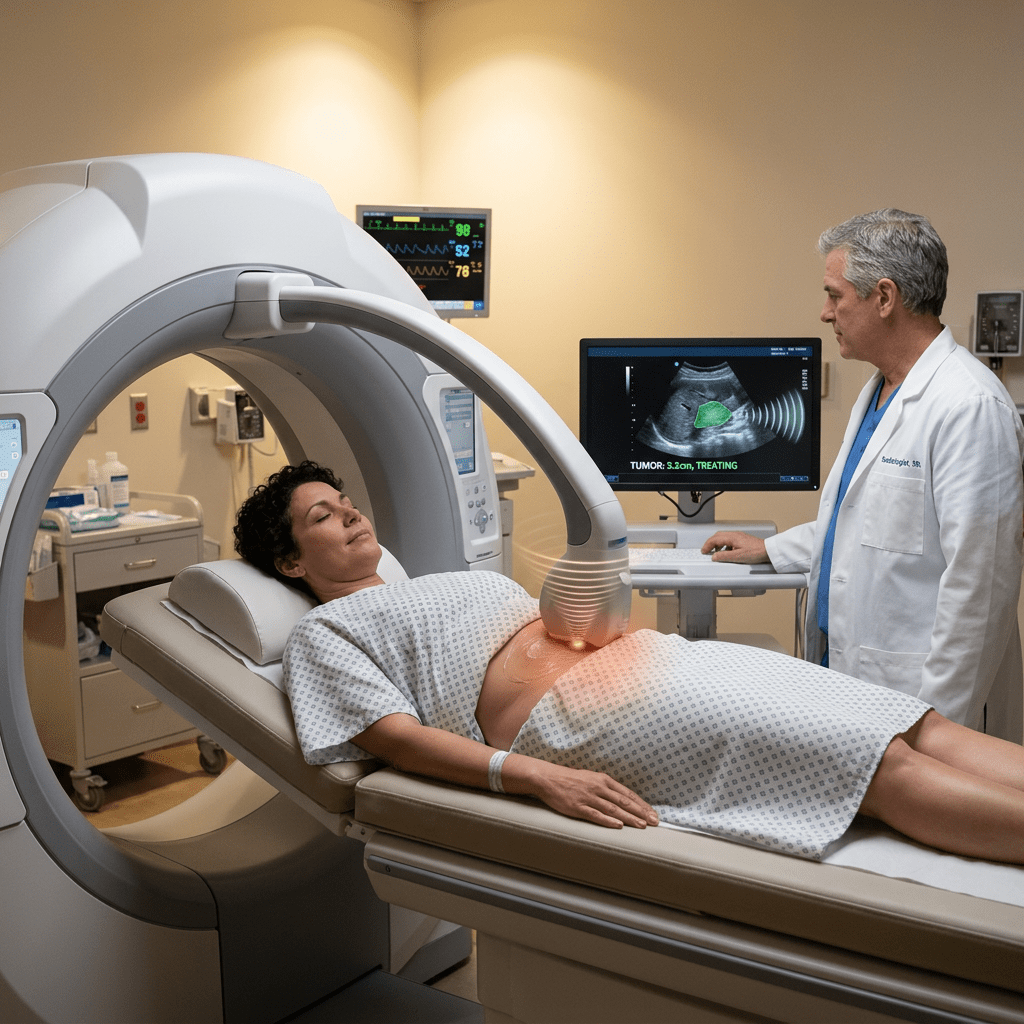 Patient undergoing focused ultrasound treatment; monitor reads “TUMOR: 3.2cm, TREATING.”