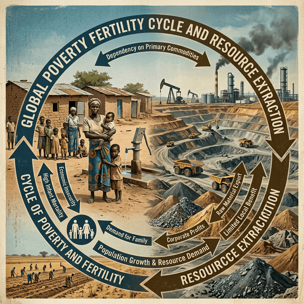 Diagram labeled Global Poverty Fertility Cycle and Resource Extraction, showing poverty, fertility, population growth, commodity dependence, and extraction.