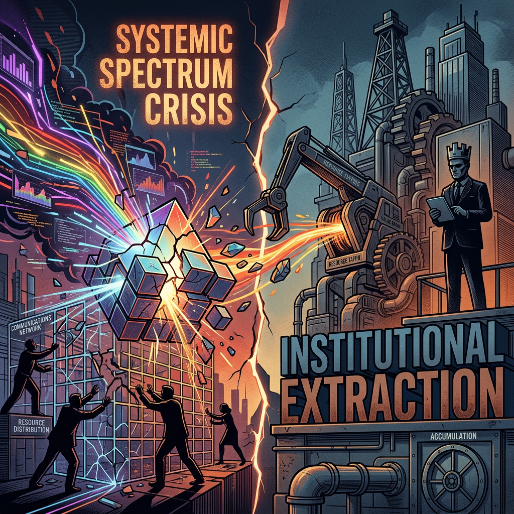 Systemic Spectrum Crisis; Institutional Extraction; workers, data streams, cubes, machinery, and industrial towers