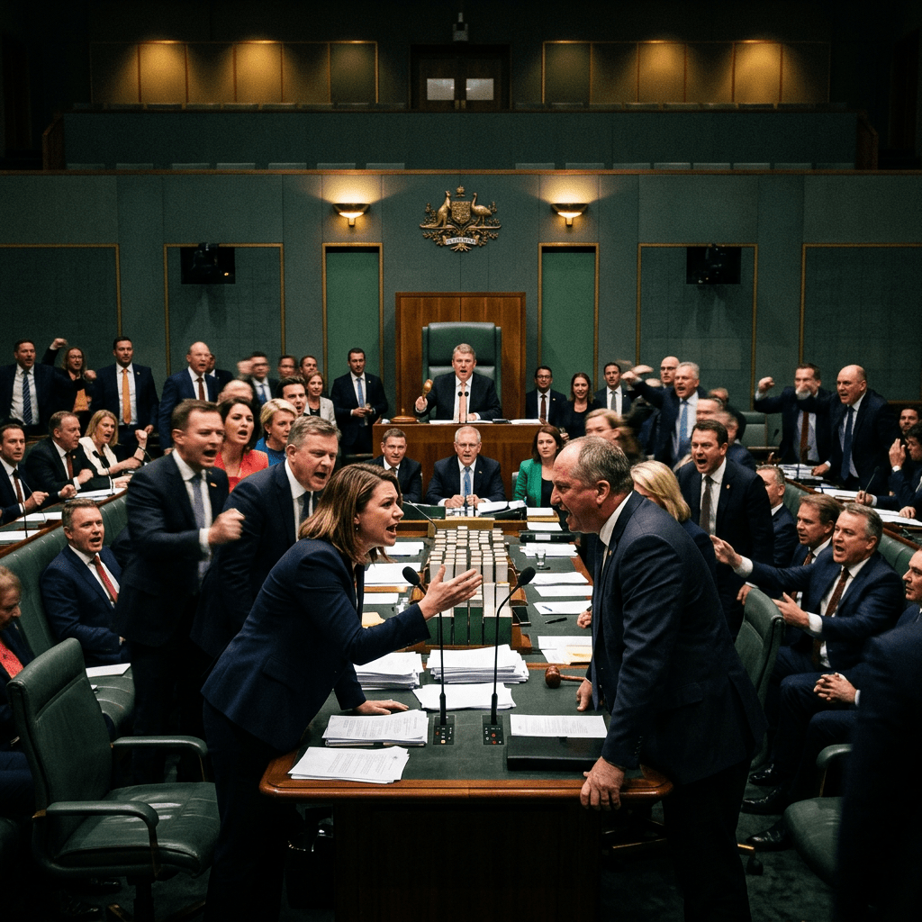 Lawmakers arguing during a heated parliamentary debate inside the chamber