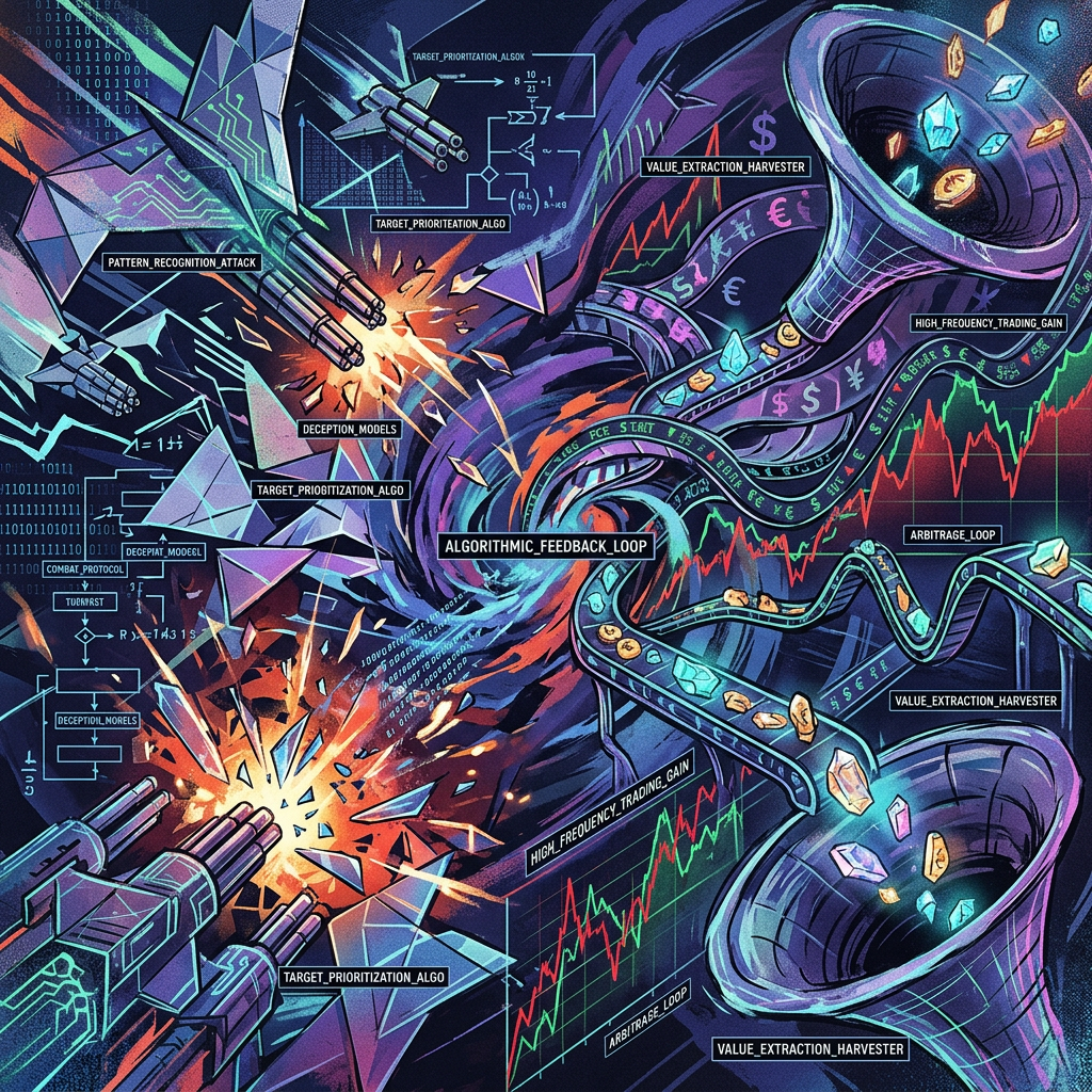 Cyberpunk algorithmic trading illustration labeled PATTERN_RECOGNITION_ATTACK, TARGET_PRIORITIZATION_ALGO, VALUE_EXTRACTION_HARVESTER, HIGH_FREQUENCY_TRADING_GAIN, ARBITRAGE_LOOP, DECEPTION_MODELS, ALGORITHMIC_FEEDBACK_LOOP, and COMBAT PROTOCOL.