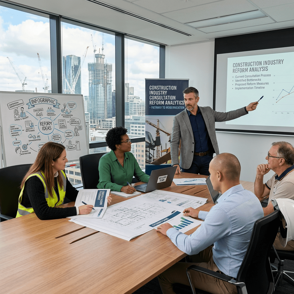 Construction team discussing project plans during a reform analytics presentation