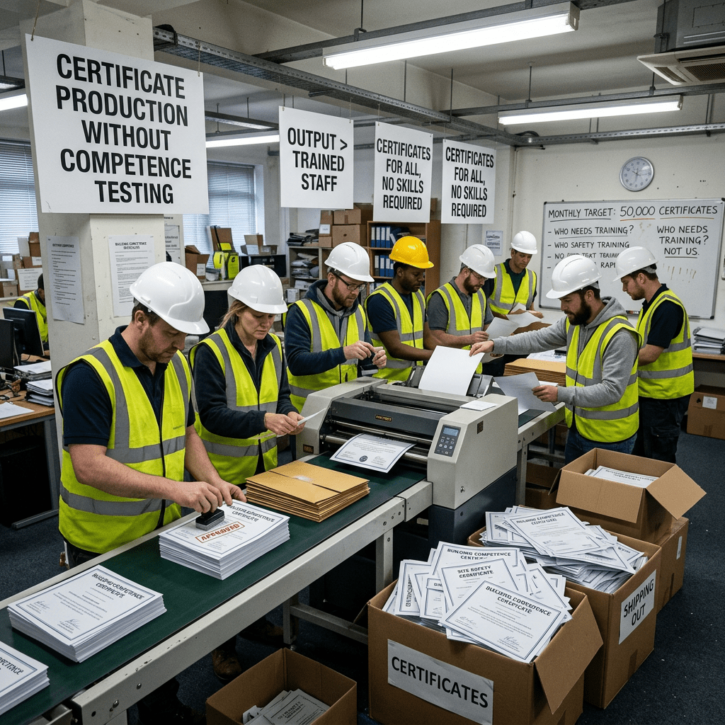 Workers in safety vests print certificates beside boxes and critical workplace signs
