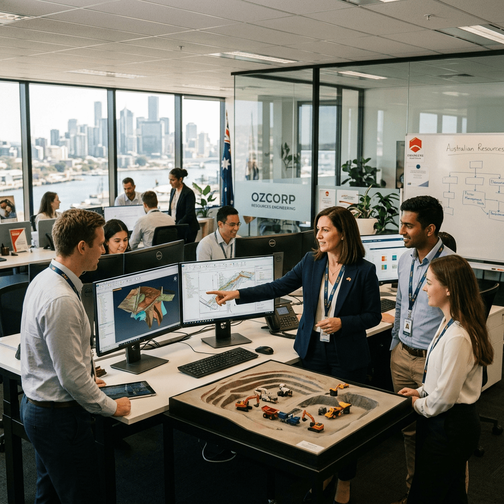Engineers discussing resource models at OZCORP Resources Engineering beside an Australian Resources planning board