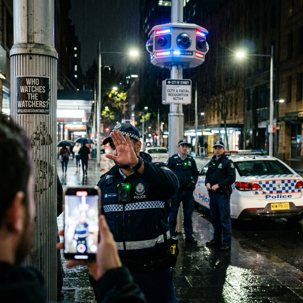 Police officer blocks camera as surveillance device overlooks rainy Sydney street