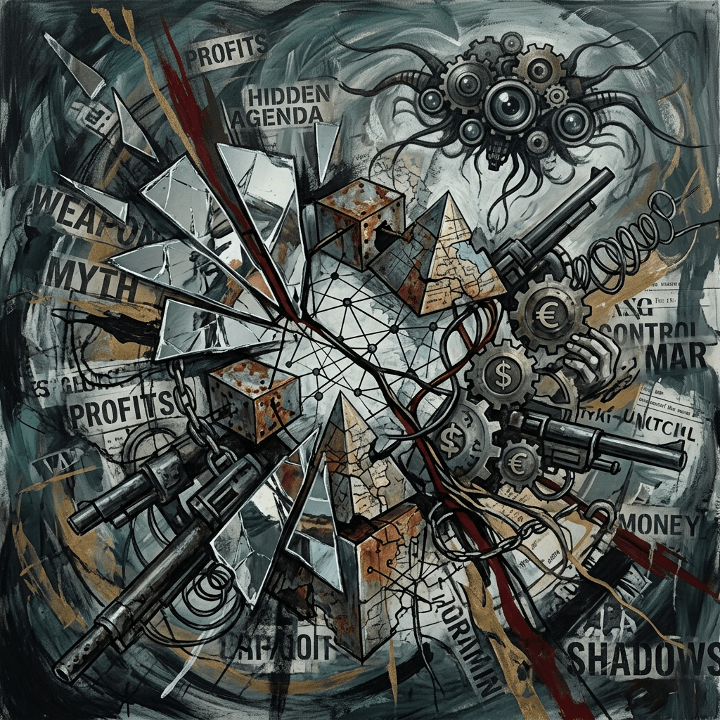 Collage of gears, weapons, money symbols, maps, and words about profits and control