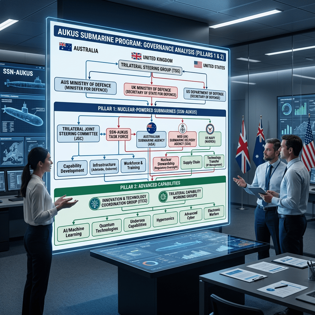 AUKUS submarine program governance analysis diagram with Australia, UK, and US organizations
