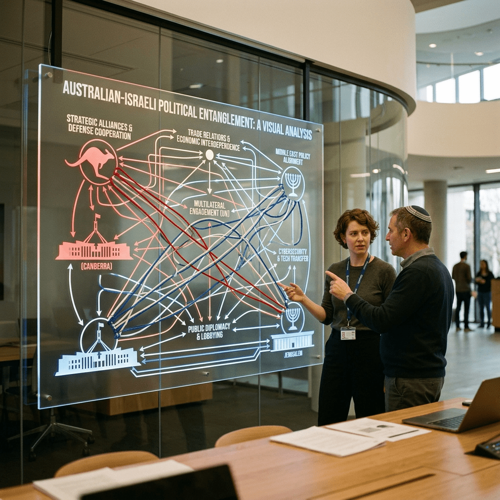 Exhibit titled "Australian-Israeli Political Entanglement: A Visual Analysis" maps strategic alliances, trade, Middle East policy, multilateral engagement, cybersecurity, and public diplomacy between Canberra and Jerusalem.