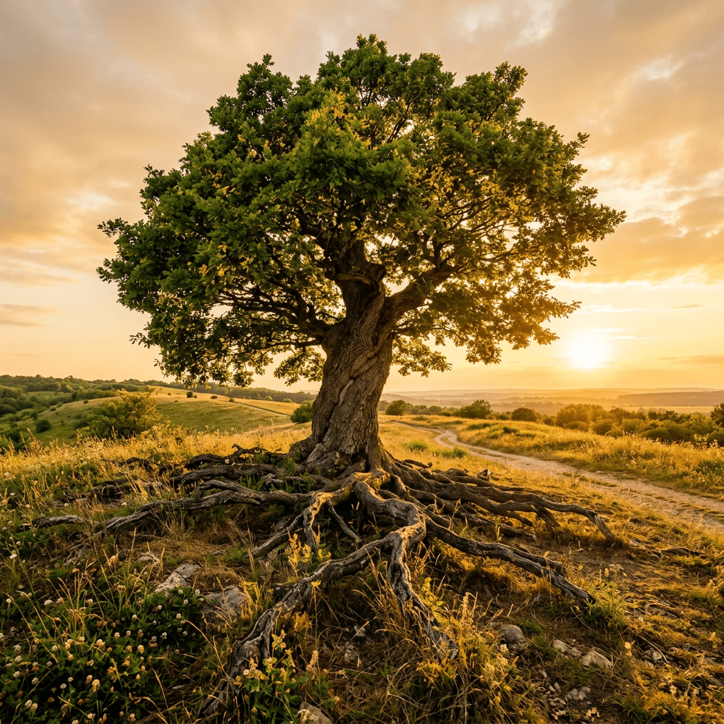 Solitary flourishing tree with visible roots in golden light