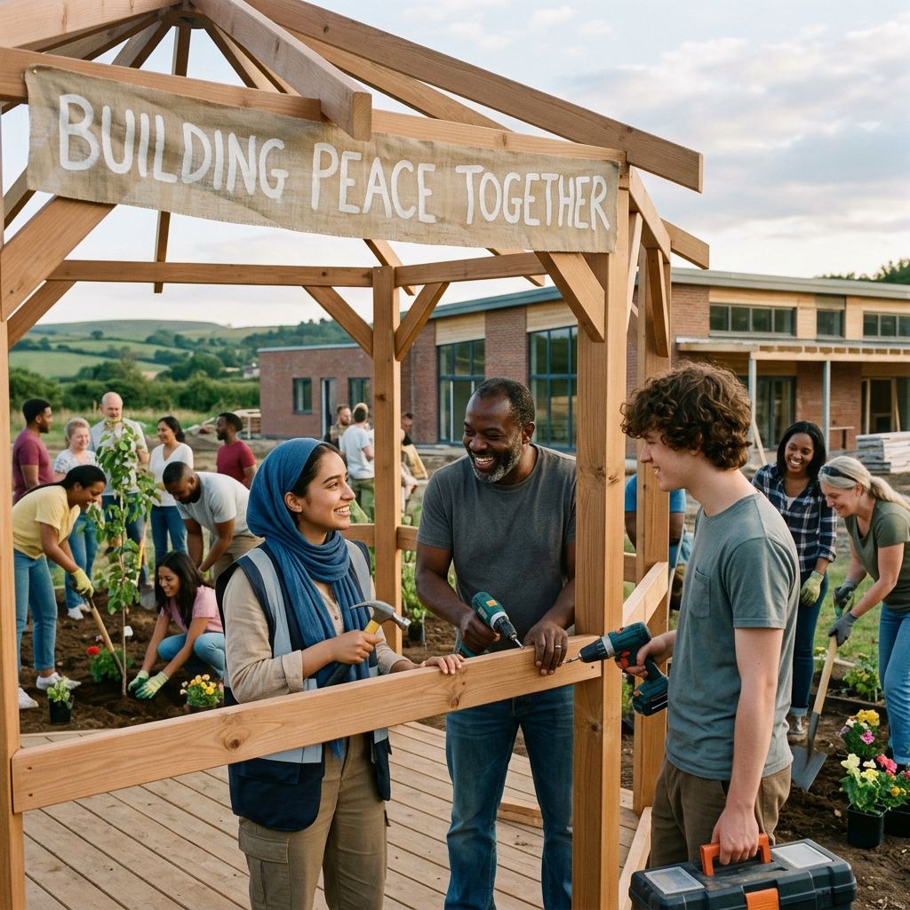 Community members building a wooden garden pavilion beneath a “BUILDING PEACE TOGETHER” banner
