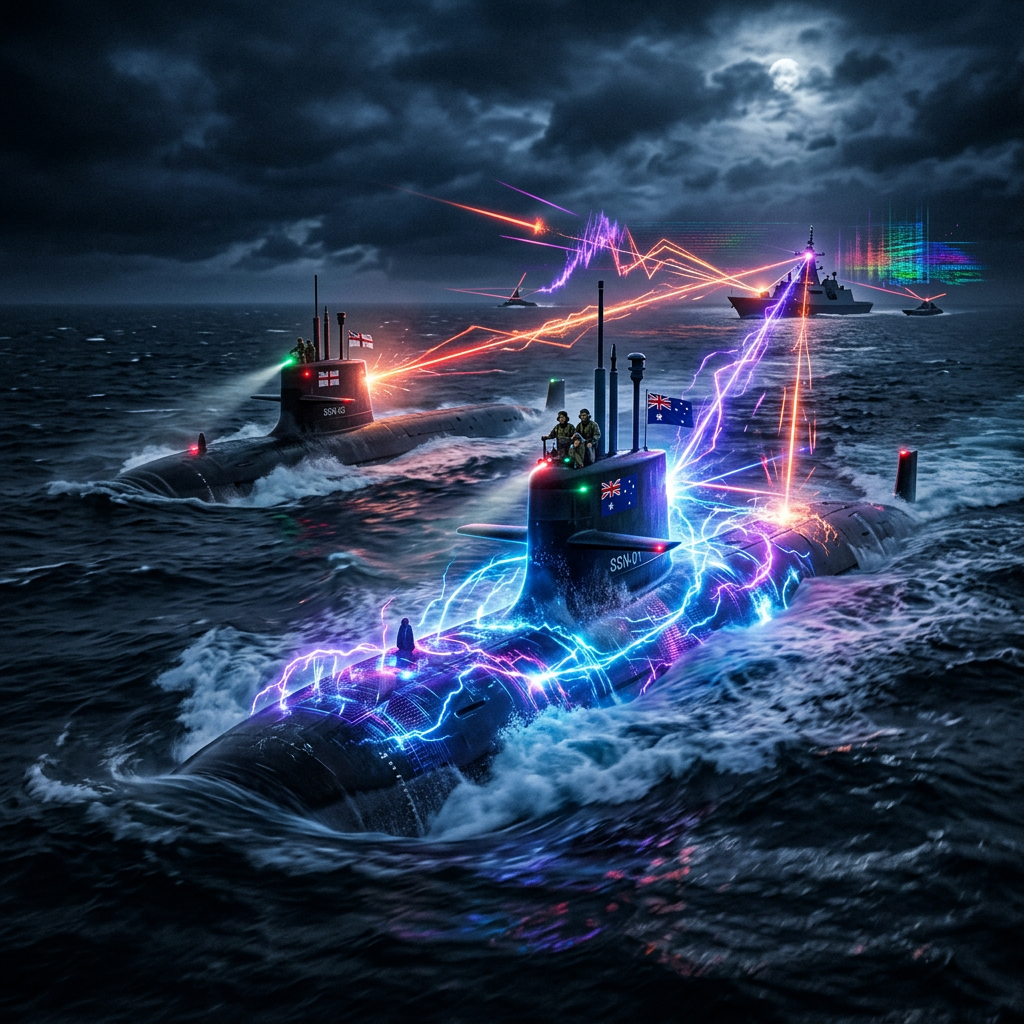 Submarines marked SSN-01 and SSN-16 linked by neon signals