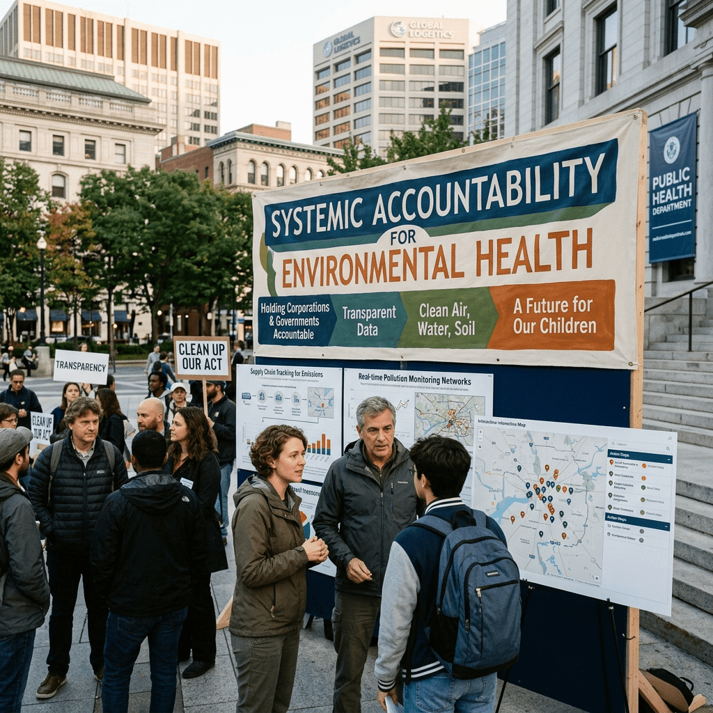 Protest display reading “Systemic Accountability for Environmental Health” with pollution maps and community members.